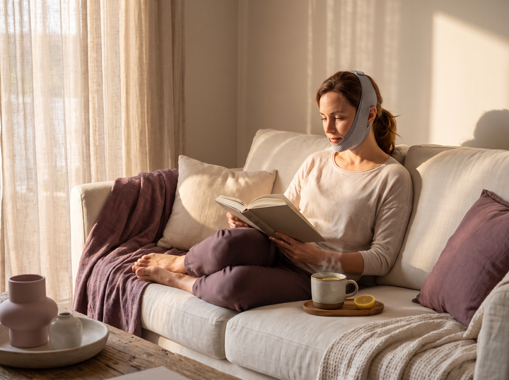 Momento de leitura em casa com a faixa de lifting facial — rotina diária